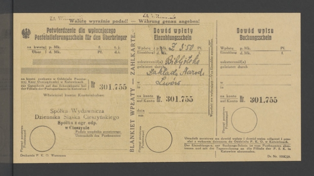 Sp&oacute;łka Wydawnicza Dziennika&nbsp;Śląska Cieszyńskiego. Blankiet wpłaty za&nbsp;wrzesień 1924