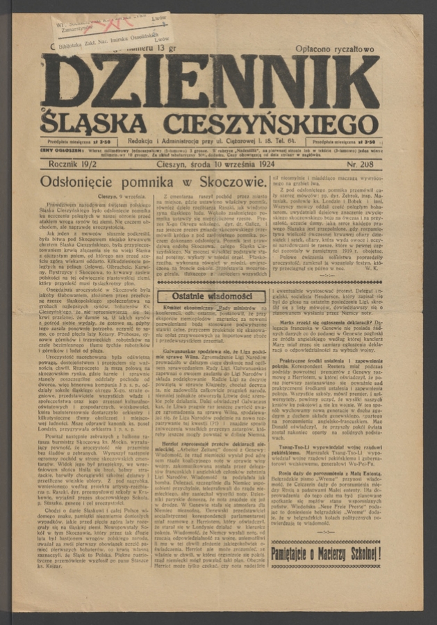 Dziennik Śląska Cieszyńskiego. Rocznik&nbsp;19/2, 1924, numer&nbsp;208