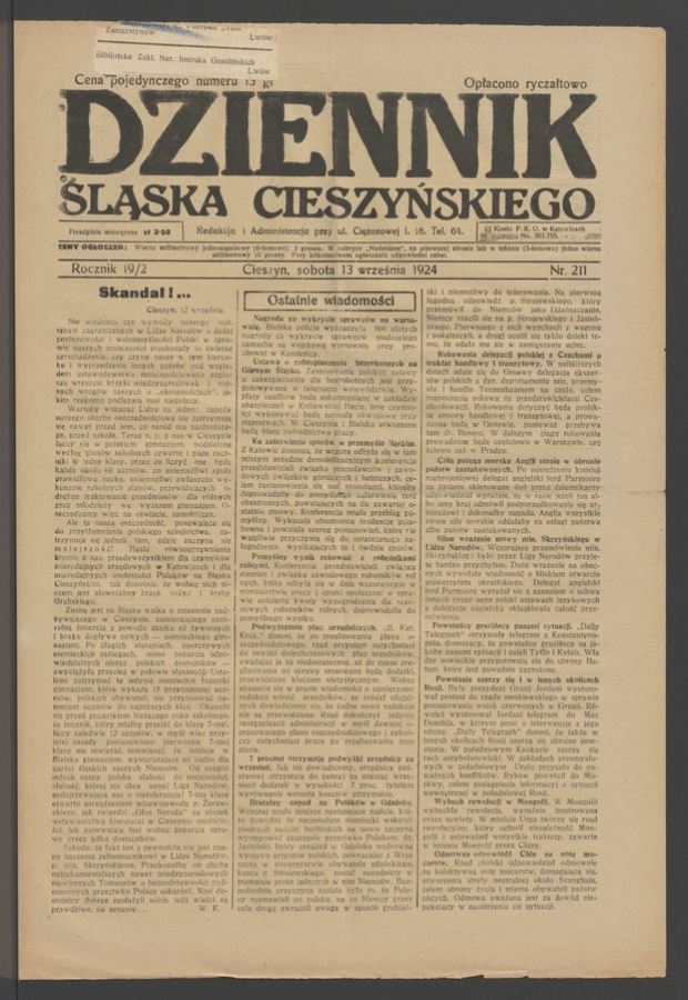 Dziennik Śląska Cieszyńskiego. Rocznik&nbsp;19/2, 1924, numer&nbsp;211