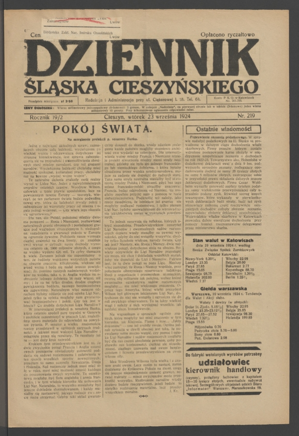 Dziennik Śląska Cieszyńskiego. Rocznik&nbsp;19/2, 1924, numer&nbsp;219