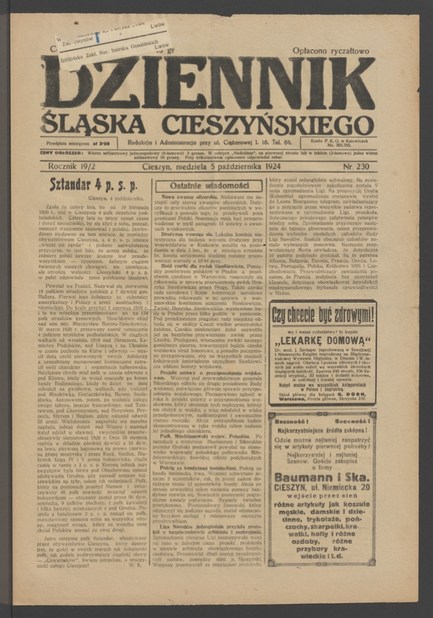 Dziennik Śląska Cieszyńskiego. Rocznik&nbsp;19/2, 1924, numer&nbsp;230