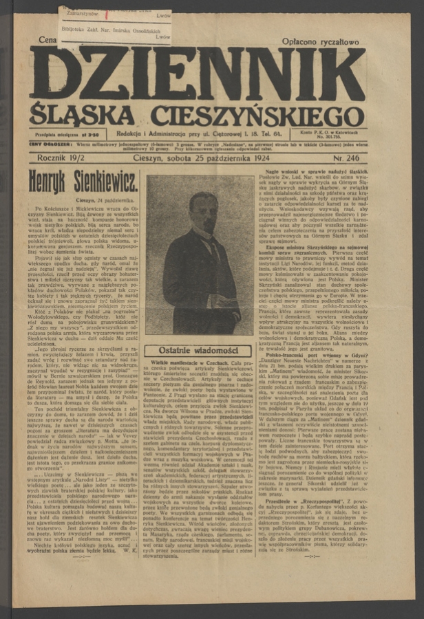 Dziennik Śląska Cieszyńskiego. Rocznik&nbsp;19/2, 1924, numer&nbsp;246