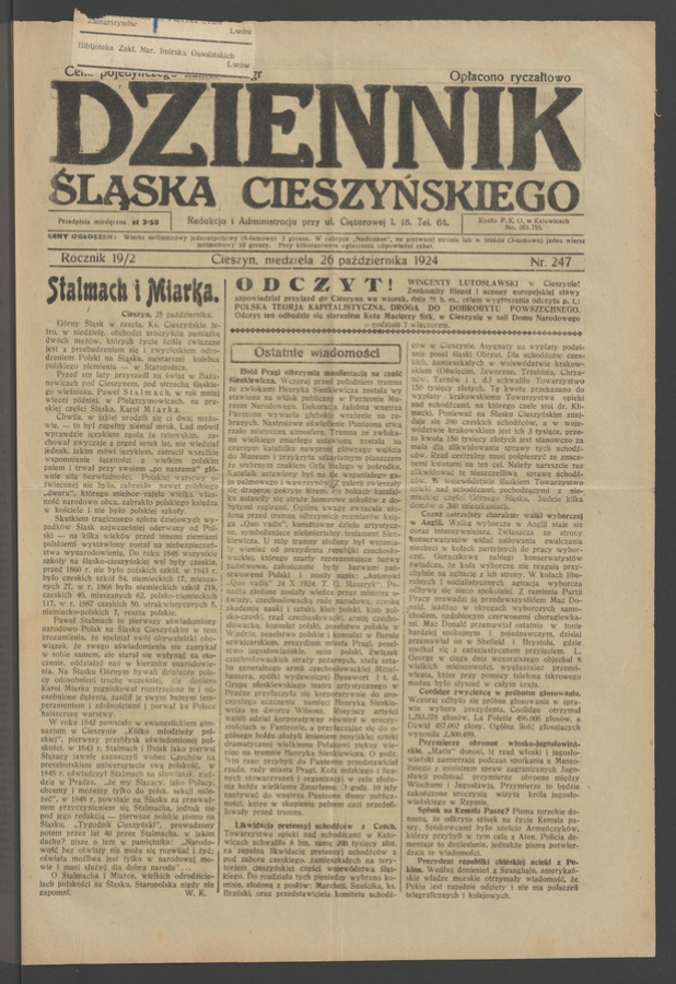 Dziennik Śląska Cieszyńskiego. Rocznik&nbsp;19/2, 1924, numer&nbsp;247