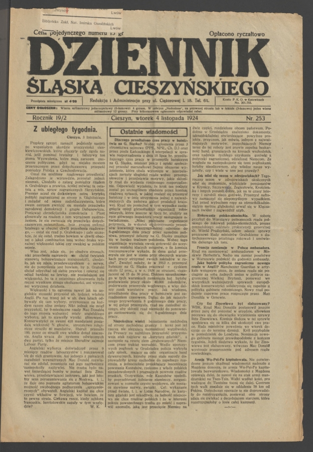 Dziennik Śląska Cieszyńskiego. Rocznik&nbsp;19/2, 1924, numer&nbsp;253