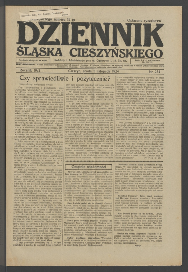 Dziennik Śląska Cieszyńskiego. Rocznik&nbsp;19/2, 1924, numer&nbsp;254