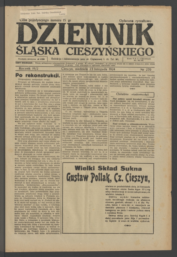 Dziennik Śląska Cieszyńskiego. Rocznik&nbsp;19/2, 1924, numer&nbsp;270