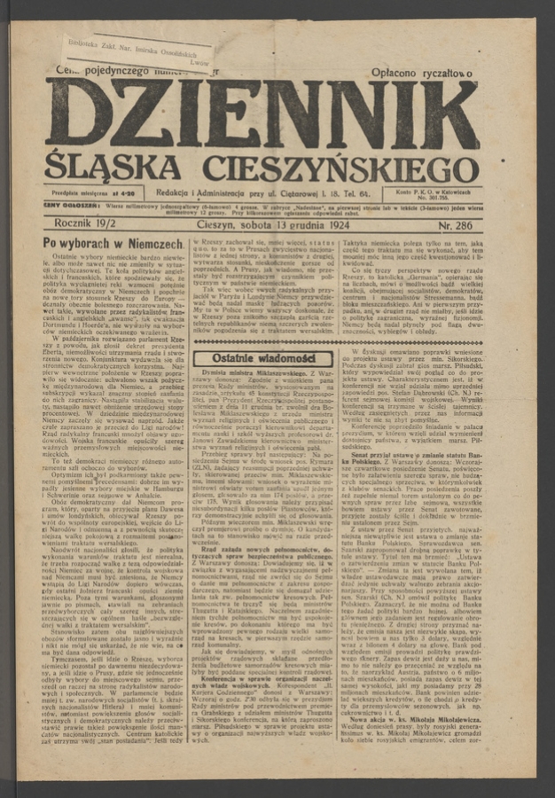 Dziennik Śląska Cieszyńskiego. Rocznik&nbsp;19/2, 1924, numer&nbsp;286
