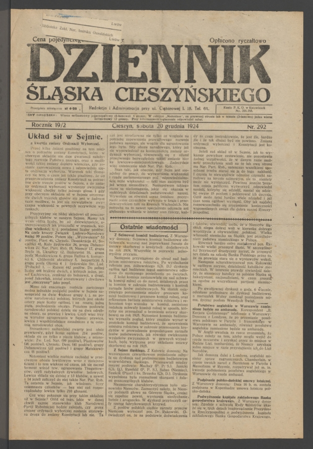 Dziennik Śląska Cieszyńskiego. Rocznik&nbsp;19/2, 1924, numer&nbsp;292