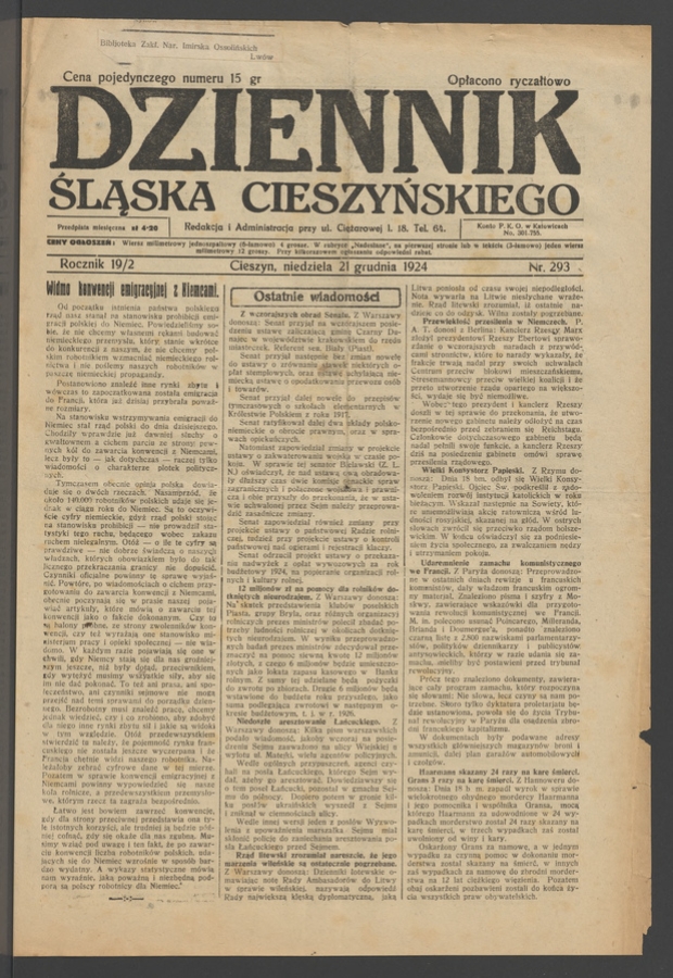 Dziennik Śląska Cieszyńskiego. Rocznik&nbsp;19/2, 1924, numer&nbsp;293
