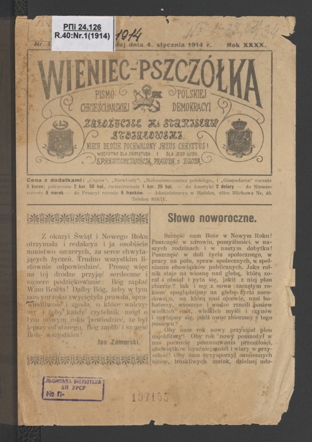 Wieniec-Pszcz&oacute;łka&nbsp;: pismo polskiej chrześcijańskiej demokracyi. Rok&nbsp;40, 1914, numer&nbsp;1