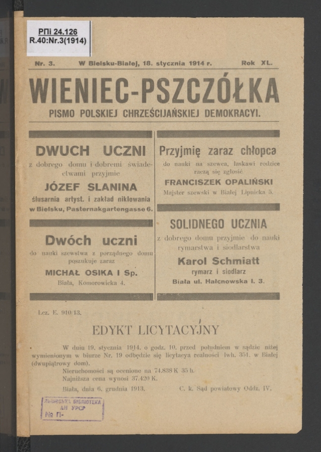 Wieniec-Pszcz&oacute;łka&nbsp;: pismo polskiej chrześcijańskiej demokracyi. Rok&nbsp;40, 1914, numer&nbsp;3