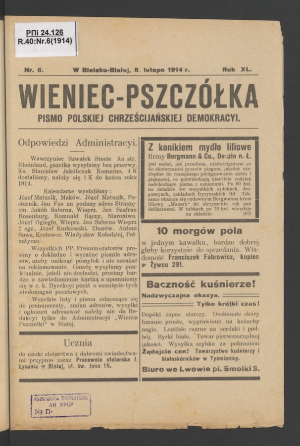 Wieniec-Pszcz&oacute;łka&nbsp;: pismo polskiej chrześcijańskiej demokracyi. Rok&nbsp;40, 1914, numer&nbsp;6
