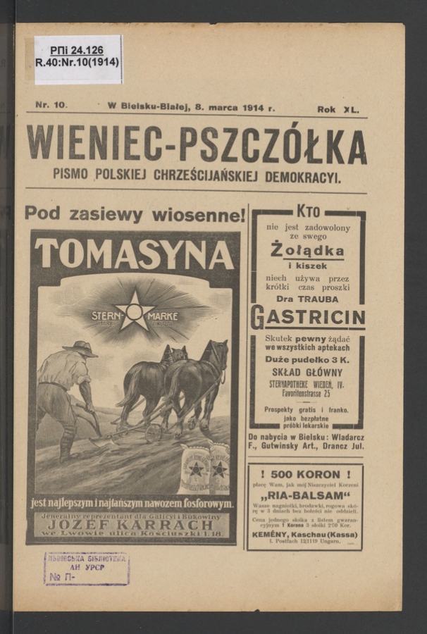Wieniec-Pszcz&oacute;łka&nbsp;: pismo polskiej chrześcijańskiej demokracyi. Rok&nbsp;40, 1914, numer&nbsp;10