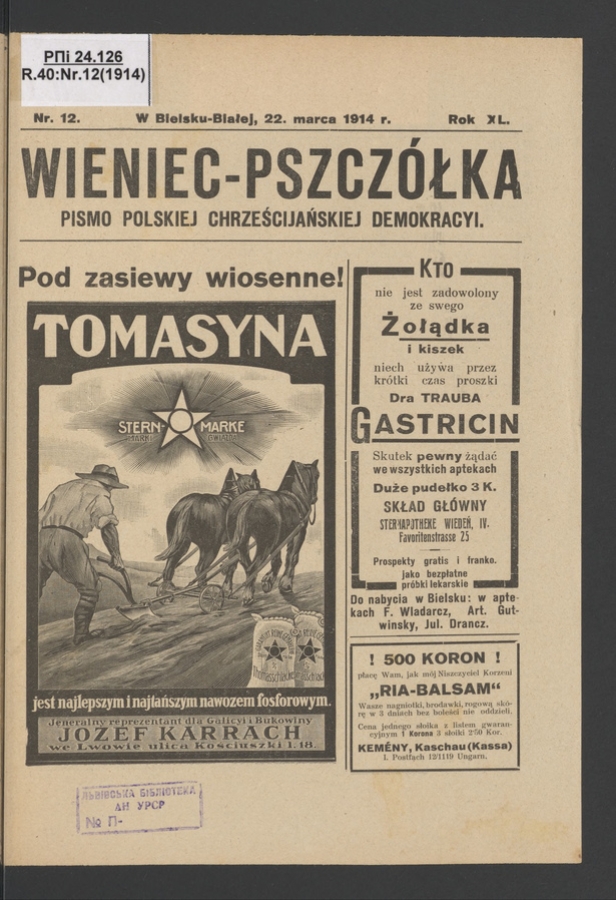 Wieniec-Pszcz&oacute;łka&nbsp;: pismo polskiej chrześcijańskiej demokracyi. Rok&nbsp;40, 1914, numer&nbsp;12