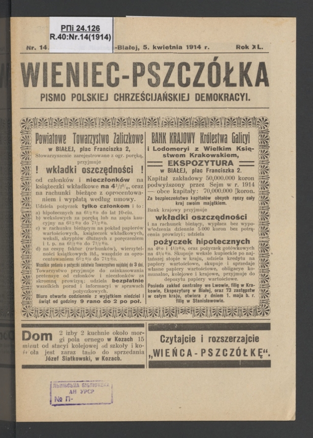 Wieniec-Pszcz&oacute;łka&nbsp;: pismo polskiej chrześcijańskiej demokracyi. Rok&nbsp;40, 1914, numer&nbsp;14
