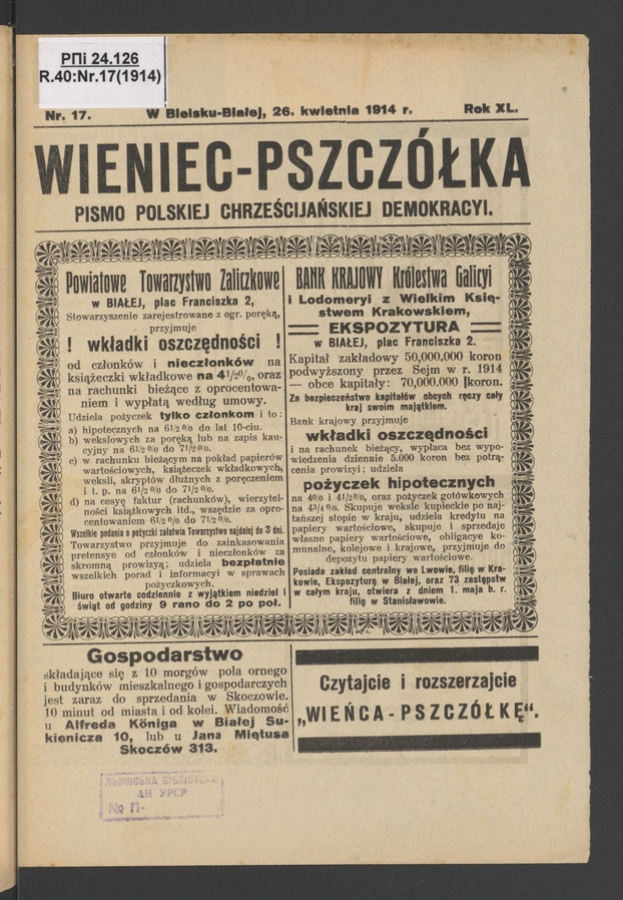 Wieniec-Pszcz&oacute;łka&nbsp;: pismo polskiej chrześcijańskiej demokracyi. Rok&nbsp;40, 1914, numer&nbsp;17
