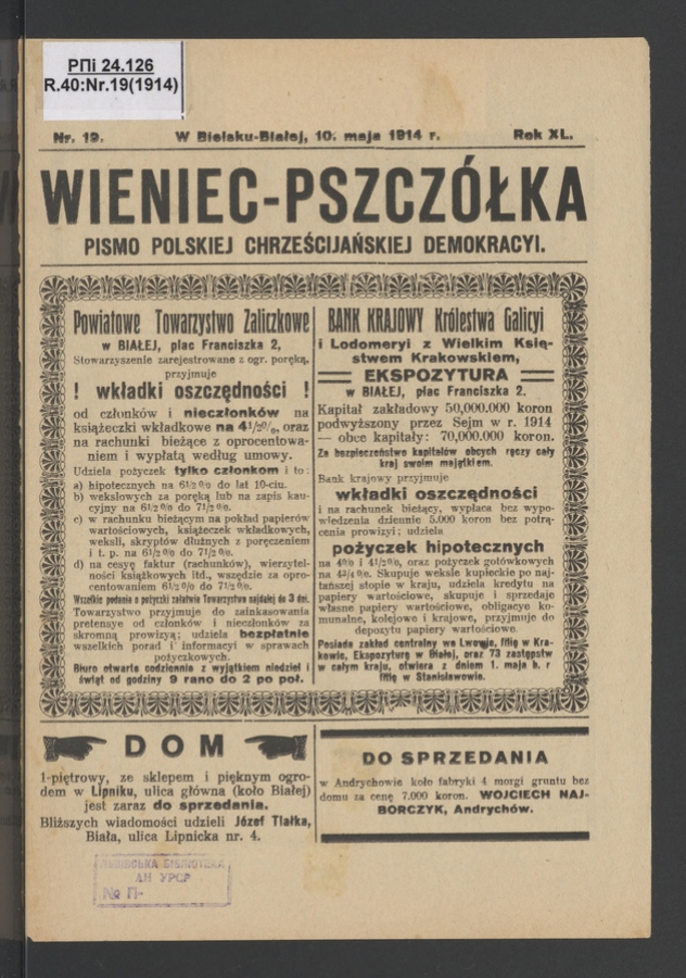 Wieniec-Pszcz&oacute;łka&nbsp;: pismo polskiej chrześcijańskiej demokracyi. Rok&nbsp;40, 1914, numer&nbsp;19