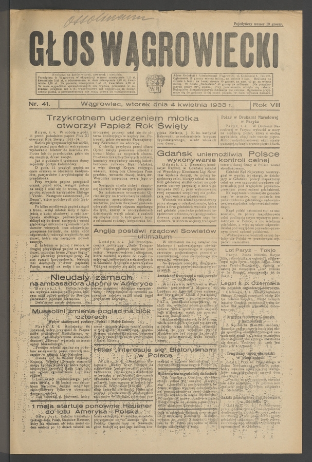 Głos Wągrowiecki. Rok&nbsp;8, 1933, numer&nbsp;41