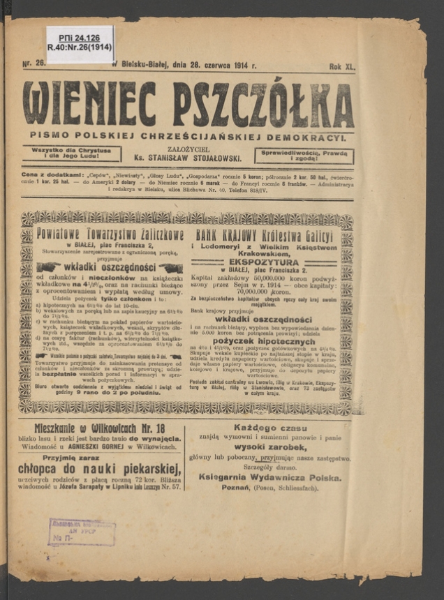 Wieniec-Pszcz&oacute;łka&nbsp;: pismo polskiej chrześcijańskiej demokracyi. Rok&nbsp;40, 1914, numer&nbsp;26
