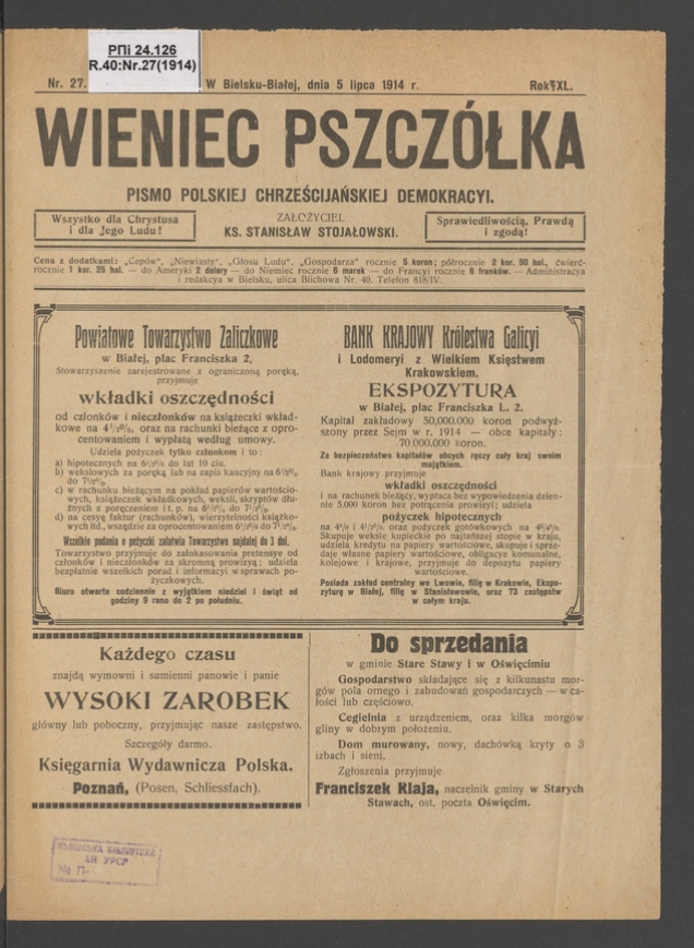 Wieniec-Pszcz&oacute;łka&nbsp;: pismo polskiej chrześcijańskiej demokracyi. Rok&nbsp;40, 1914, numer&nbsp;27