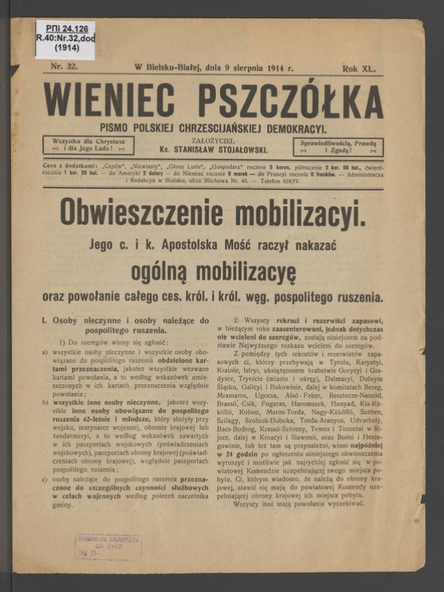 Wieniec-Pszcz&oacute;łka&nbsp;: pismo polskiej chrześcijańskiej demokracyi. Rok&nbsp;40, 1914, numer&nbsp;32