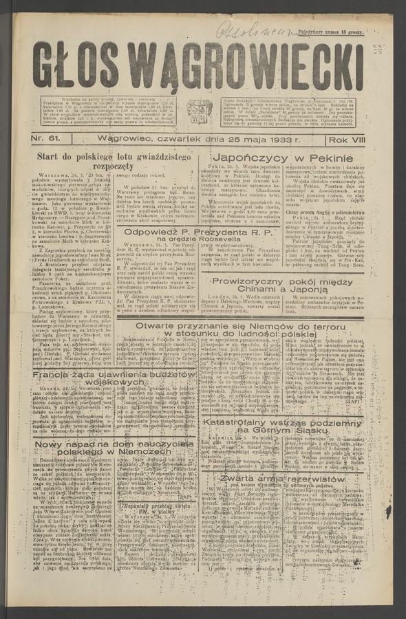 Głos Wągrowiecki. Rok&nbsp;8, 1933, numer&nbsp;61