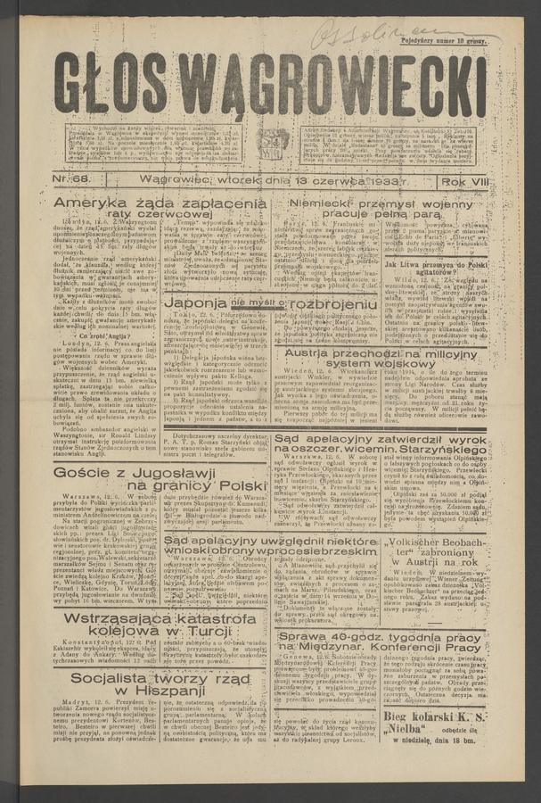 Głos Wągrowiecki. Rok&nbsp;8, 1933, numer&nbsp;68
