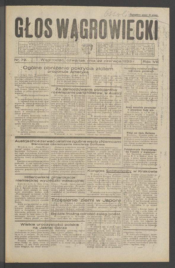 Głos Wągrowiecki. Rok&nbsp;8, 1933, numer&nbsp;72