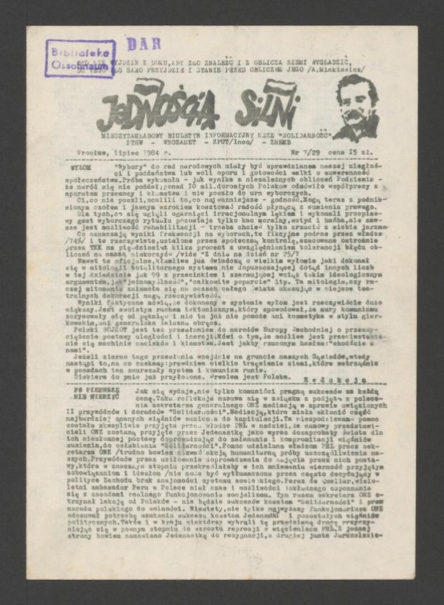 Jednością Silni&nbsp;: międzyzakładowy biuletyn informacyjny NSZZ &bdquo;Solidarność&rdquo; PTHW-Wrozamet-ZPUT (Inco)-ZREMB. 1984, numer&nbsp;7&nbsp;(29)