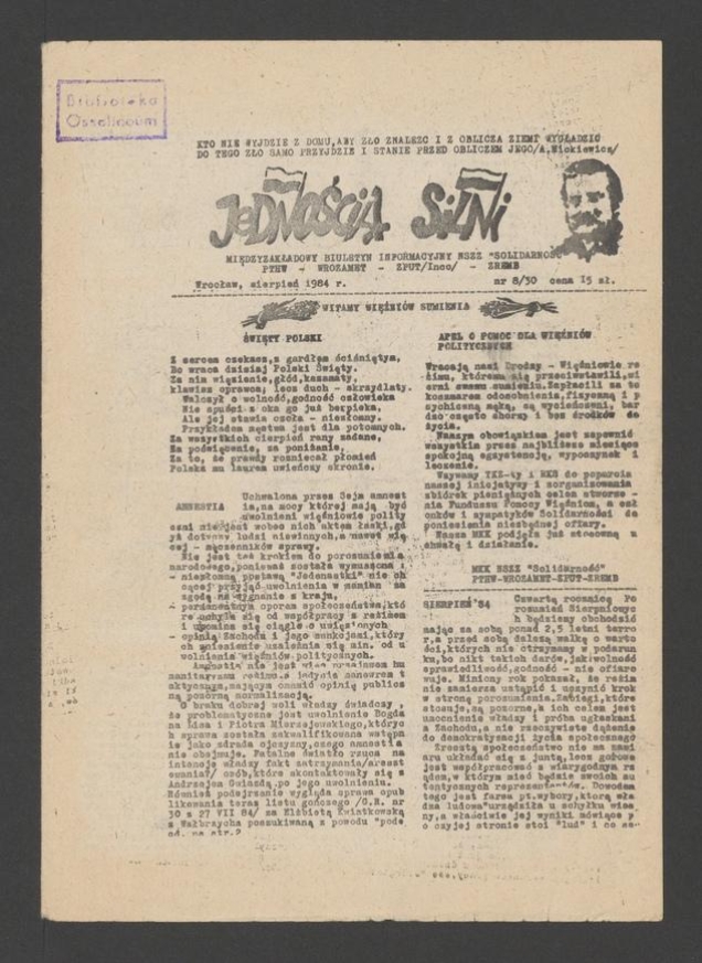 Jednością Silni&nbsp;: międzyzakładowy biuletyn informacyjny NSZZ &bdquo;Solidarność&rdquo; PTHW-Wrozamet-ZPUT (Inco)-ZREMB. 1984, numer&nbsp;8&nbsp;(30)