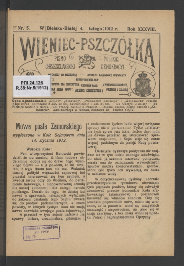 Wieniec-Pszcz&oacute;łka&nbsp;: pismo polskiej chrześcijańskiej demokracyi. Rok&nbsp;38, 1912, numer&nbsp;5