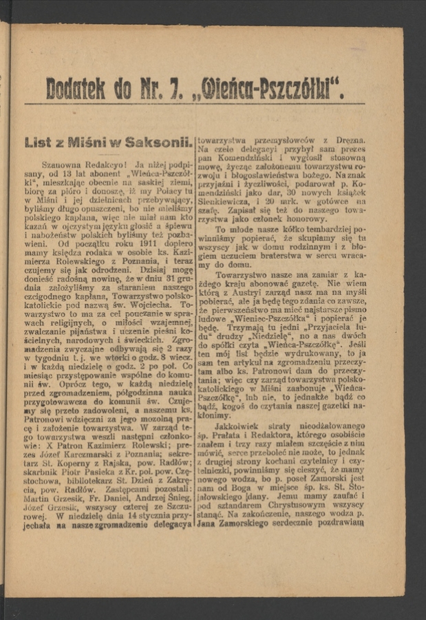 Dodatek do&nbsp;numeru&nbsp;7 &bdquo;Wieńca-Pszcz&oacute;łki&rdquo;. Rok&nbsp;38, 1912