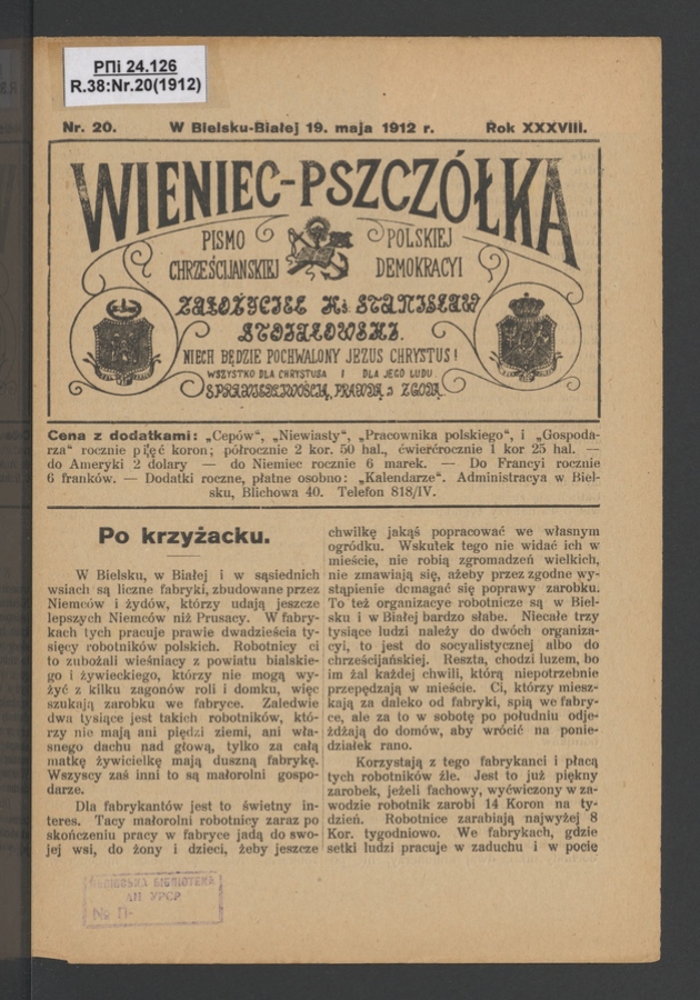 Wieniec-Pszcz&oacute;łka&nbsp;: pismo polskiej chrześcijańskiej demokracyi. Rok&nbsp;38, 1912, numer&nbsp;20