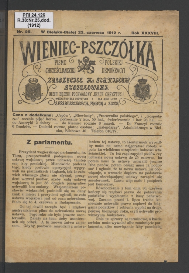 Wieniec-Pszcz&oacute;łka&nbsp;: pismo polskiej chrześcijańskiej demokracyi. Rok&nbsp;38, 1912, numer&nbsp;25