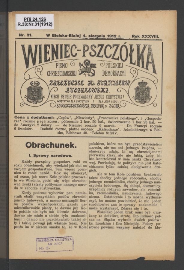 Wieniec-Pszcz&oacute;łka&nbsp;: pismo polskiej chrześcijańskiej demokracyi. Rok&nbsp;38, 1912, numer&nbsp;31