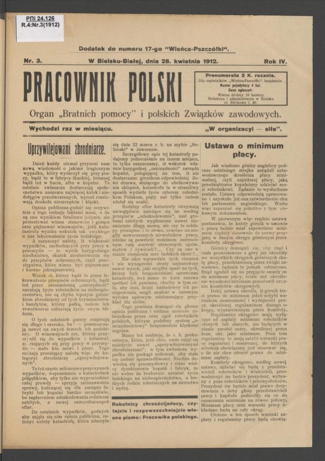 Pracownik Polski&nbsp;: organ &bdquo;bratnich pomocy&rdquo; i&nbsp;polskich związk&oacute;w zawodowych. Rok&nbsp;4, 1912, numer&nbsp;3