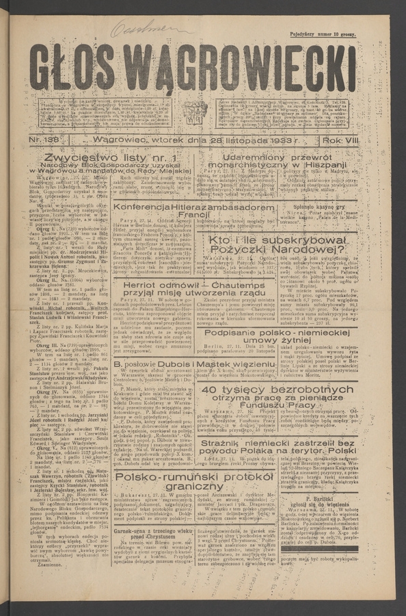 Głos Wągrowiecki. Rok&nbsp;8, 1933, numer&nbsp;138