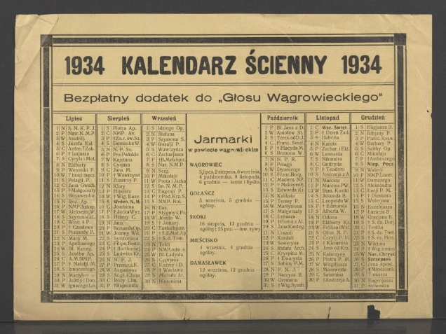 Kalendarz Ścienny 1934 : bezpłatny dodatek do Głosu Wągrowieckiego