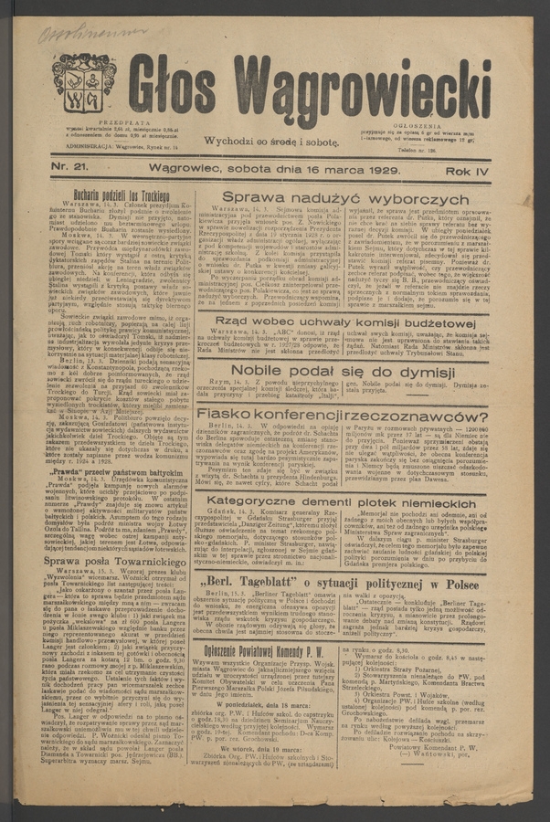 Głos Wągrowiecki. Rok&nbsp;4, 1929, numer&nbsp;21