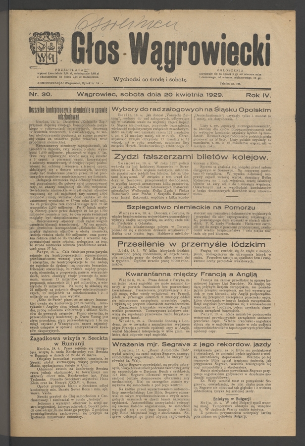 Głos Wągrowiecki. Rok&nbsp;4, 1929, numer&nbsp;30