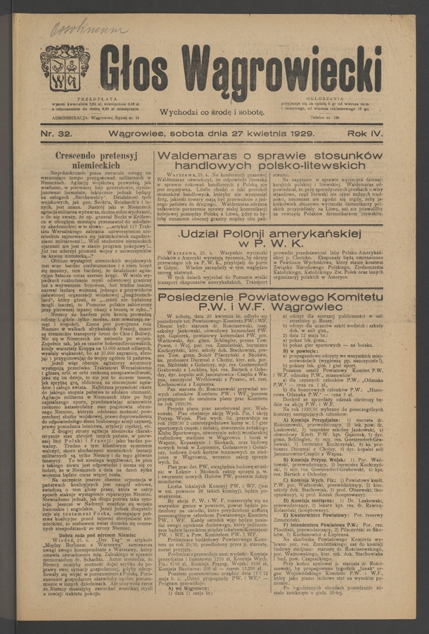 Głos Wągrowiecki. Rok&nbsp;4, 1929, numer&nbsp;32