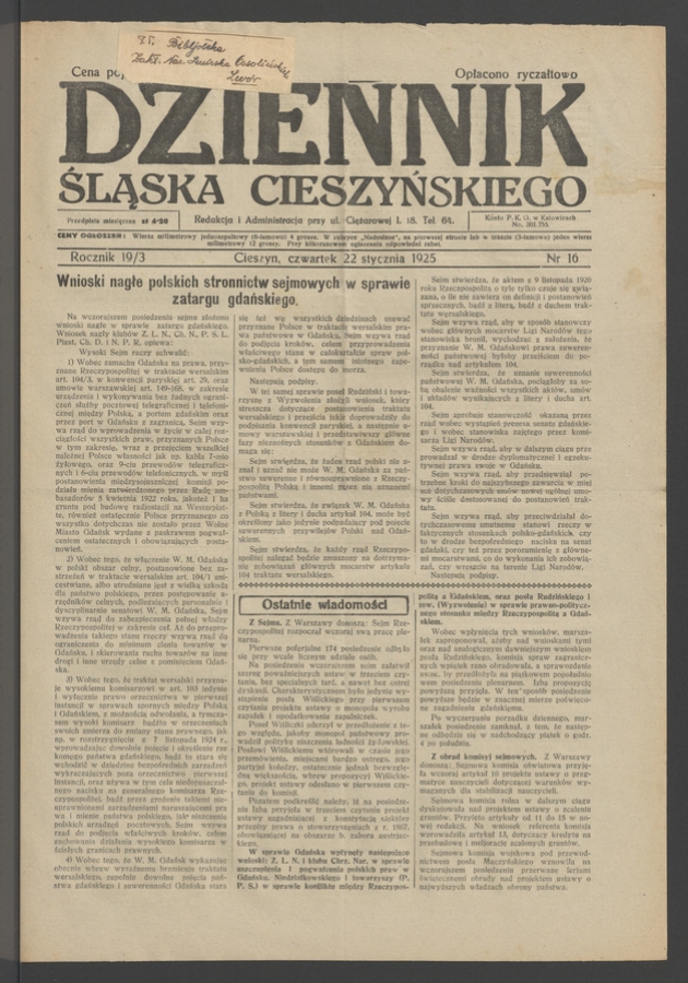 Dziennik Śląska Cieszyńskiego. Rocznik&nbsp;19/3, 1925, numer&nbsp;16