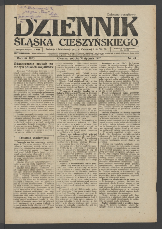 Dziennik Śląska Cieszyńskiego. Rocznik&nbsp;19/3, 1925, numer&nbsp;24