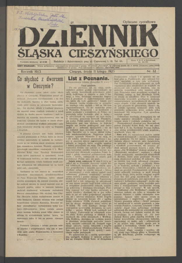 Dziennik Śląska Cieszyńskiego. Rocznik&nbsp;19/3, 1925, numer&nbsp;32