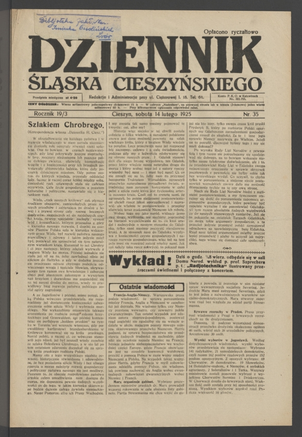 Dziennik Śląska Cieszyńskiego. Rocznik&nbsp;19/3, 1925, numer&nbsp;35
