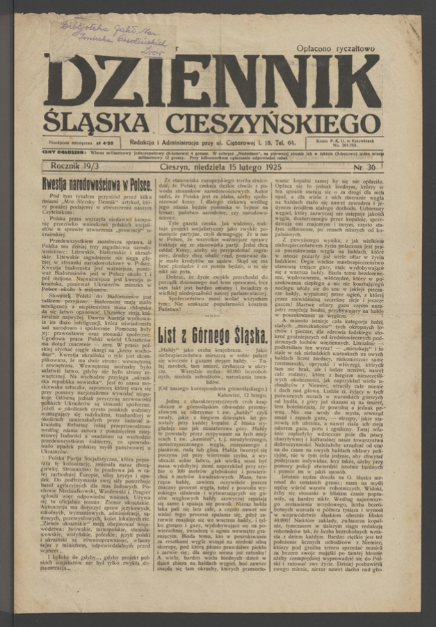 Dziennik Śląska Cieszyńskiego. Rocznik&nbsp;19/3, 1925, numer&nbsp;36