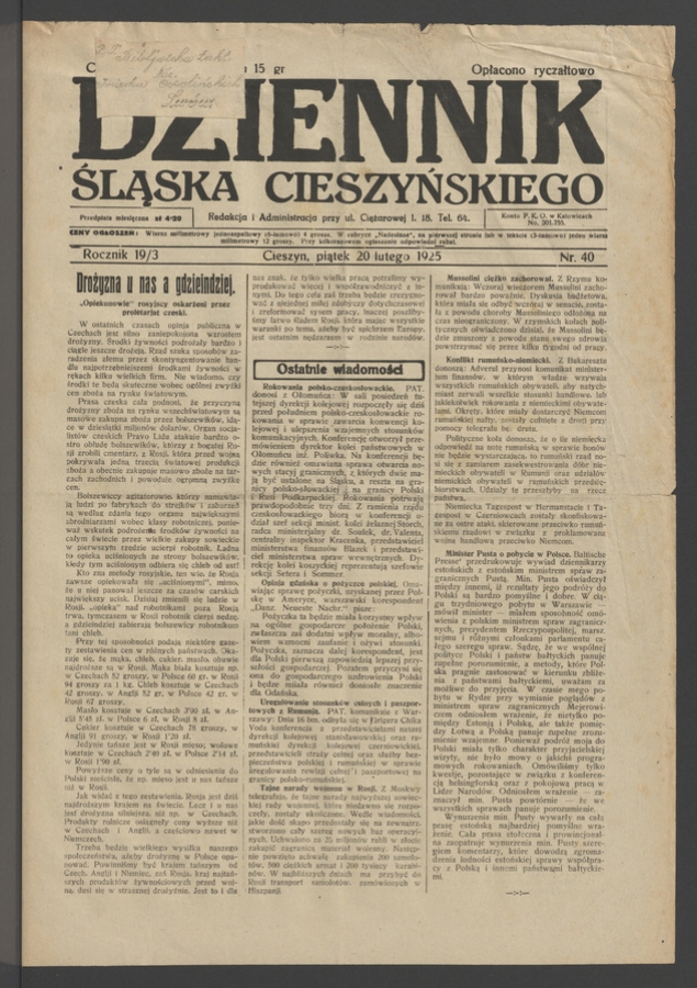 Dziennik Śląska Cieszyńskiego. Rocznik&nbsp;19/3, 1925, numer&nbsp;40