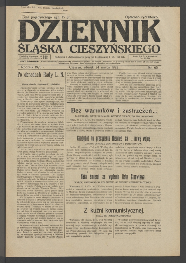 Dziennik Śląska Cieszyńskiego. Rocznik&nbsp;19/3, 1925, numer&nbsp;65