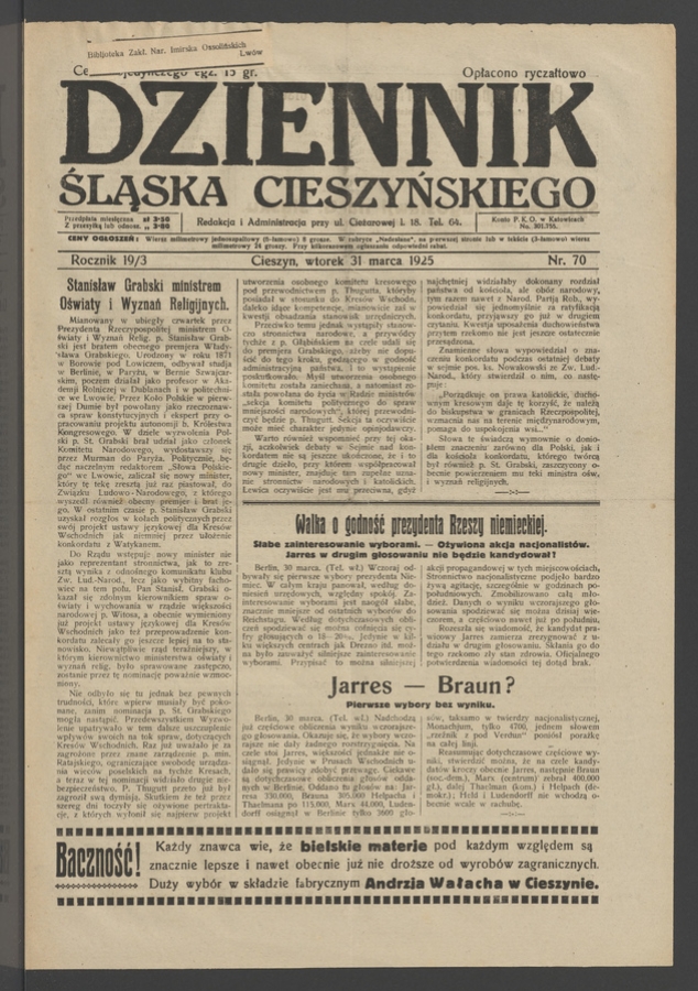 Dziennik Śląska Cieszyńskiego. Rocznik&nbsp;19/3, 1925, numer&nbsp;70