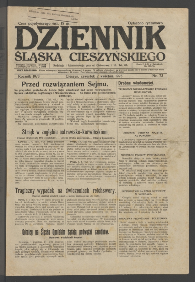 Dziennik Śląska Cieszyńskiego. Rocznik&nbsp;19/3, 1925, numer&nbsp;72